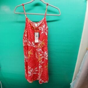 Roxy Everything Is Fine Dress Small Red Tropical Floral Button Front Sundress